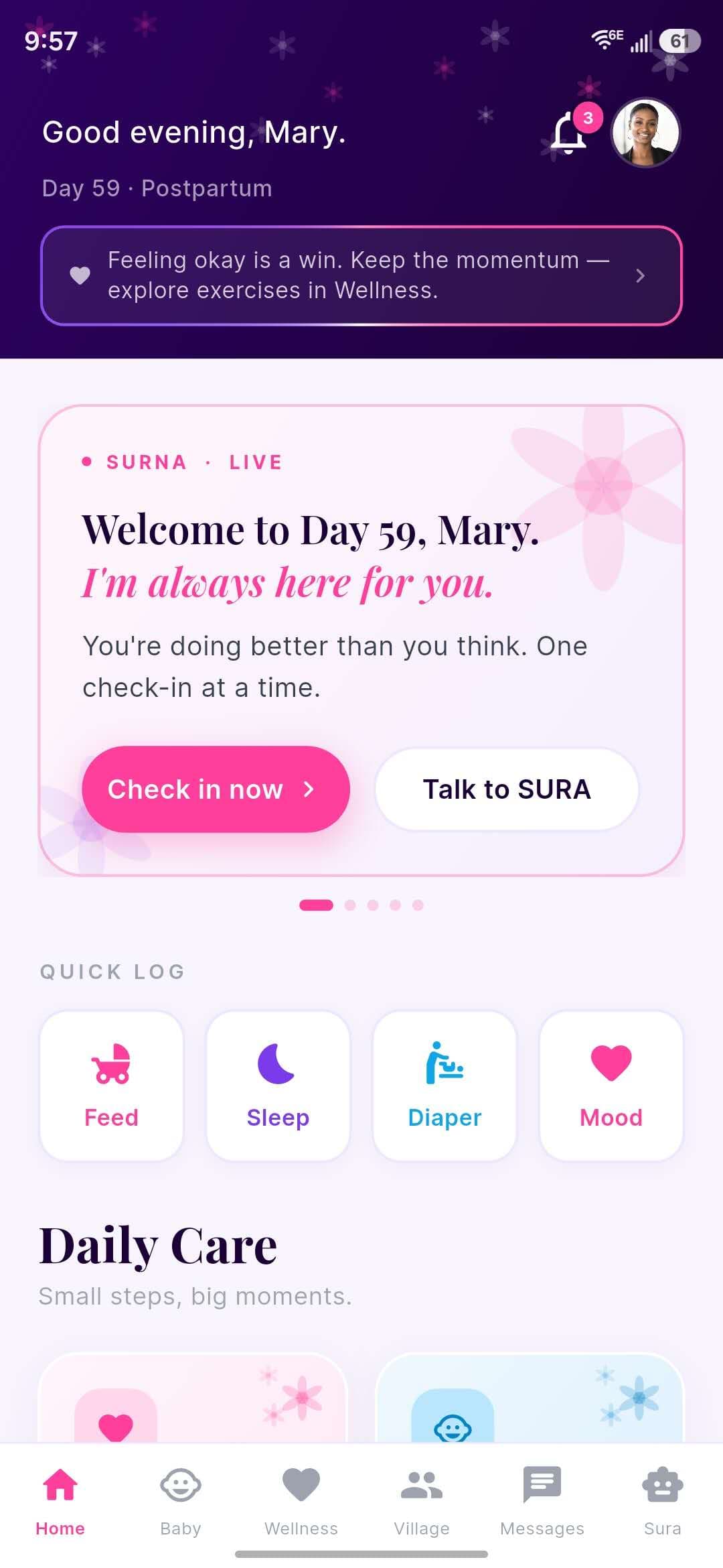 Surna app home screen showing postpartum day tracking and Sura AI